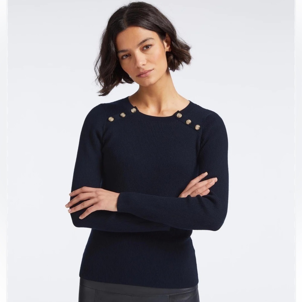 LAUREN RALPH LAUREN BLUE LONG SLEEVE EMBELLISHED BUTTON RIB KNIT SWEATER Sz XL